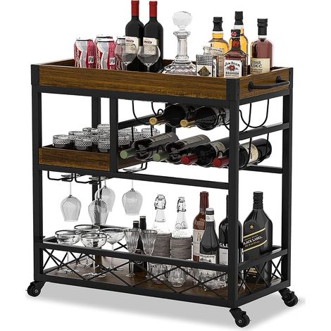 Chariot de bar 3 niveaux avec porte-bouteilles et porte-verres
