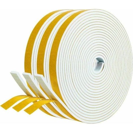 Joint adhésif Porte entree Fenetre 3 rouleaux 12mm x 3mm x 5m Joint Isolation en Mousse Caoutchouc Joint Antichoc Contre courants d'air Protection Meuble Mur Poignée -Mousse blanc film jaune (1/5)