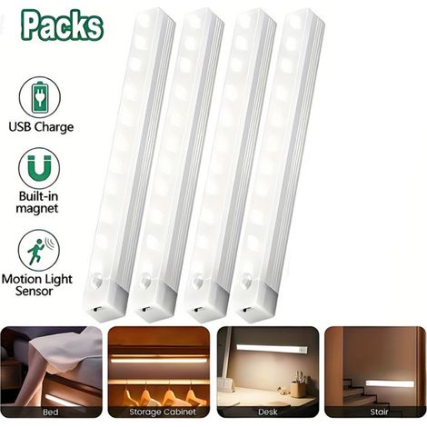 Bande LED avec détecteur de mouvement 30 cm 3 W pour armoires et penderies, rechargeable USB-C, fixation magnétique et adhésive, lot de 4 (1/5)