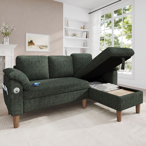 Canapé d'angle 3 places avec méridienne réversible et coffre de rangement, tissu vert, ports USB et Type-C, 181 x 125 x 88 cm, pour salon ou petit espace – CHICFURN (1/5)