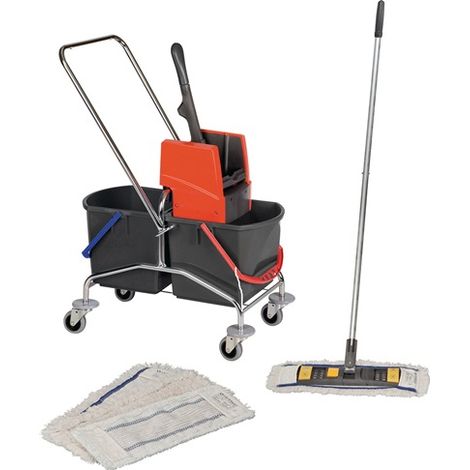 Kit de nettoyage avec chariot, seau 2x17l, presse/poignée/support, 4 mopps STA (1/3)