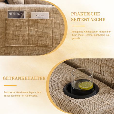 Canapé modulable 3 places avec repose-pieds, coussins, porte-gobelets et 2 poches latérales – mousse + ressorts – tissu chenille kaki – salon (1/4)