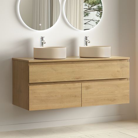 Meuble Alira 120cm chêne clair 2 vasques rondes (1/5)