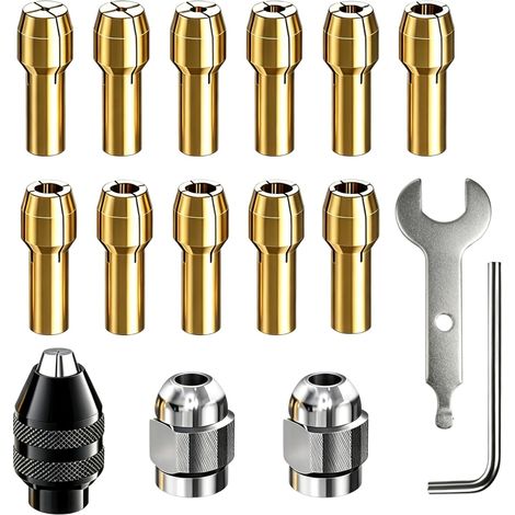 Kit 16pcs Mandrin en Laiton avec Pince de Serrage – Embout Universel 0.5-3.2mm, Changement Rapide, Clés Incluses pour Perceuse Haute Vitesse et Accessoires Légers (1/5)