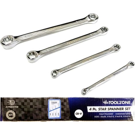 Toolzone 4pc Double Ended Ring Star Spanner Set Wrench Spanners E6 - E24