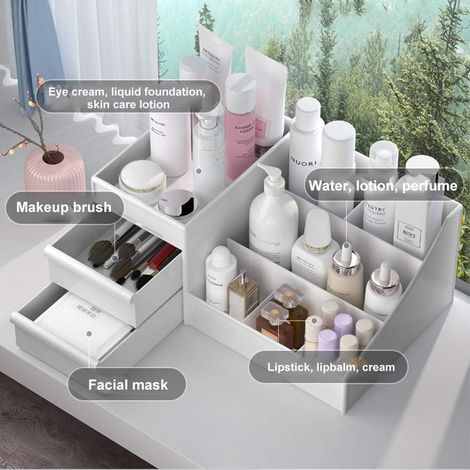 Boîte De Rangement Pour Maquillage - Organisateur Cosmétique 9 Compartiments En PP - Pour Soin Visage Crèmes Toners Rouges À Lèvres - 28,5 x 12,5 x 17 cm - 1 Pièce (1/5)