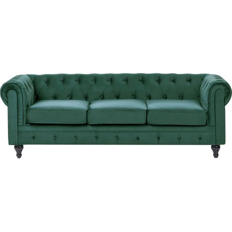 Sofá Chesterfield tapizado en tela de terciopelo verde patas de madera oscura 3 plazas estilo clásico Chesterfield