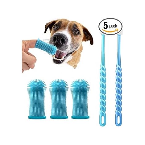 Brosse à Dent Chien, 360° Brosses à Doigts pour Animaux, Rafraîchit l'Haleine & Élimine la Plaque Dentaire, Pour le Nettoyage et le Soin des Dents, Chien Accessoires, Lot de 5 (Bleu)