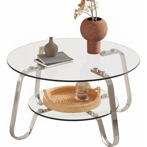 ELVMI Runder Couchtisch mit 2 Ebenen und Sicherheitsglasplatten, Silbernem Metallgestell für Wohnzimmer (1/5)