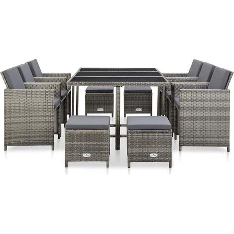 Ensemble repas de jardin 11 pcs Contemporain, Mobilier à dîner de jardin et coussin Résine tressée Gris  OIB6314E (1/5)