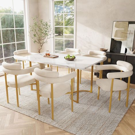 Lot de 6 chaises de salle à manger, design minimaliste et moderne, assise en anneau, design ergonomique, velours, pieds en métal doré - Beige (1/5)