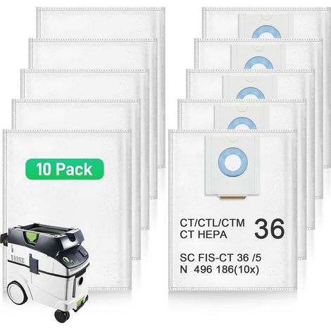 Lot de 10 sacs filtrants pour aspirateurs Festool CT 36/CTM 36 E/CTL 36 E CLEANTEC,sacs d'aspirateur pour Festool SC FIS CT 36/5,jetables et de grande capacité (1/5)
