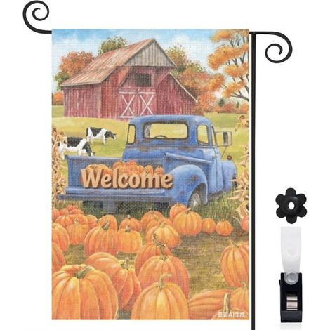 Drapeau de jardin bienvenue 30 x 45 cm motif camion vintage et citrouilles décoration automne toile double face extérieure (1/5)