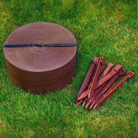 Bordure de Jardin Flexible 10m avec 20 piquets d'ancrage - Hauteur 13cm, Épaisseur 3mm - Bordure de Gazon en Plastique - Bordure de Pelouse résistante aux UV, Marron avec Décor en Bois (1/5)