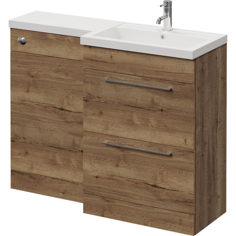 Napoli 390 Tobacco Oak 1100mm 2 Drawer Vanity Unit Toilet Suite with Square Right Hand Lucia Basin - 1100mm - Chrome 320mm HandleWithout Kingston Toilet Pan