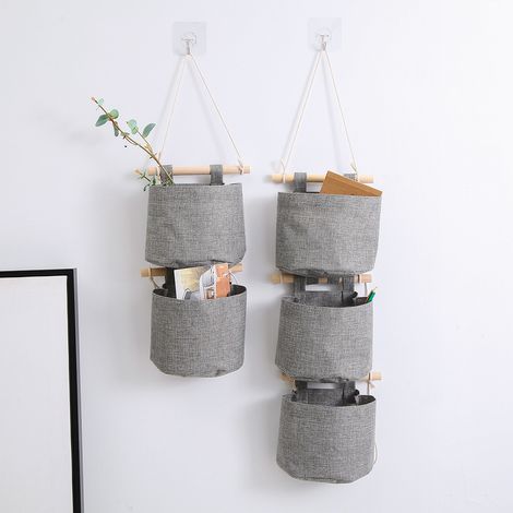Pochette de rangement murale en tissu gris lot de 3 Organisateur suspendu modulable pour porte et mur Rangement textile pour sous-vêtements et petits objets (1/5)