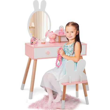 Costway – Coiffeuse enfant 2 en 1 avec miroir lapin – Table de maquillage en bois MDF – 2 tiroirs et étagère de rangement – Style princesse blanc (1/5)