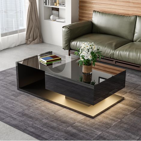 Mesa de centro con LED 16 colores, 105 x 55 x 32,5 cm, vidrio y negro brillo HAVRYA (1/5)