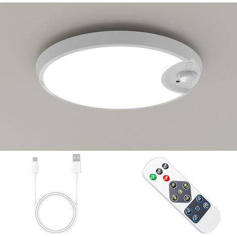 Plafonnier LED avec télécommande et détecteur de mouvement a pile sans fil rechargeable - 19cm 2W IP45 6500K - Salle de bain chambre garage cuisine (1/5)