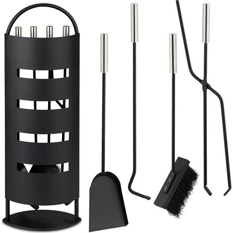 Set di posate per camino, 5 pezzi, attizzatoio, paletta per la cenere, scopa, pinze e supporto, nero/argento