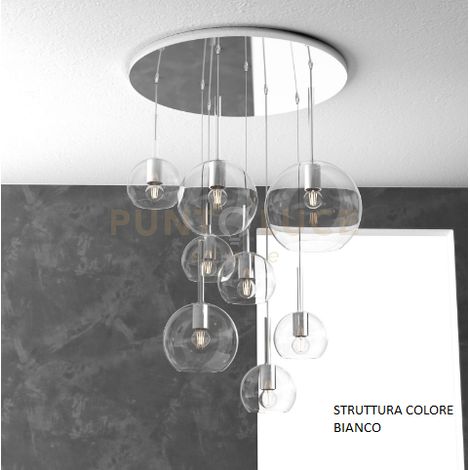 SOSP. BIANCO TONDA 8 LUCI VETRI (1 GRANDE+2 MEDIO +5 PICCOLO) TUTTI TRASPARENTI 1155BI-S8 TMIX-TR