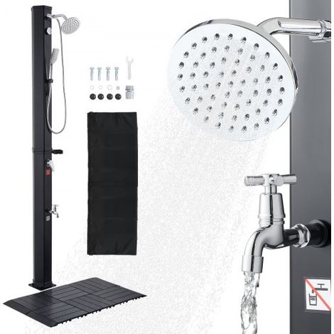Solardusche 40 L, Gartendusche 2290 mm, Außendusche, inkl. Bodenplatte-Set, Hand- & Fußarmatur, Warm- & Kaltwasserregulierung, Campingdusche für Garten, Poolbereich, Strandpool, Schwarz (1/5)