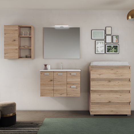 Mobile bagno sospeso 82 cm base 2 ante e 2 cassetti con lavabo ANGELA2 Quercia Naturale (1/4)