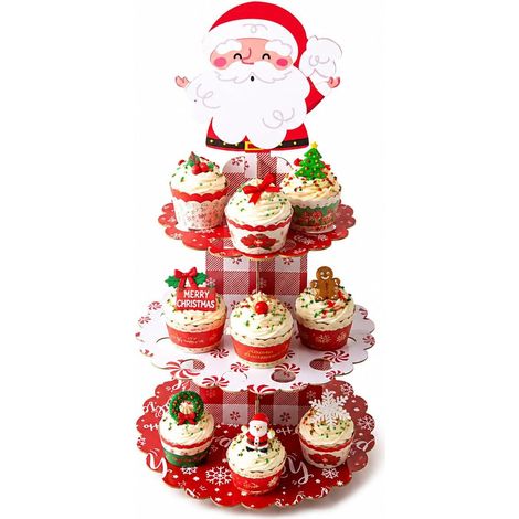 Alzatina Cupcake Natale 3 Livelli – Design Babbo Natale Pieghevole, Montaggio Senza Attrezzi – Carta Resistente – Elegante per Feste e Tavola (1/5)
