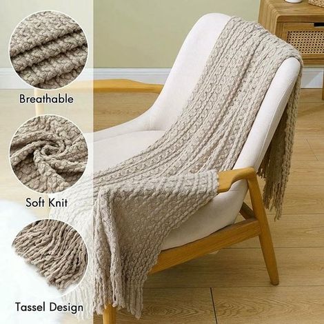 Couverture en maille texturée avec pompons, 110x150 cm, jeté décoratif kaki, convient pour les canapés, les lits et les fauteuils. (1/5)