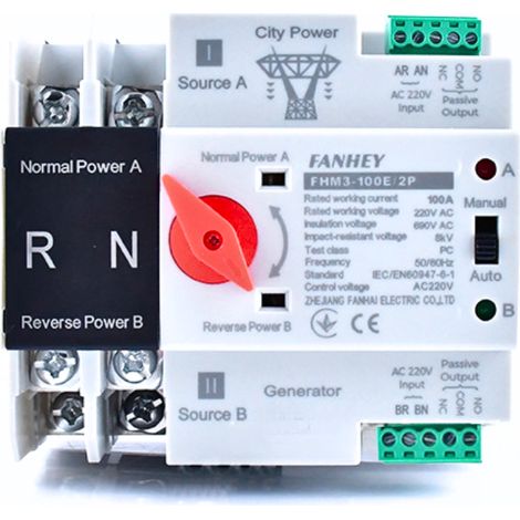 Interruptor de transferencia automática de doble alimentación de 2P y 220V con control de continuidad bidireccional para redes eléctricas municipales. (1/4)