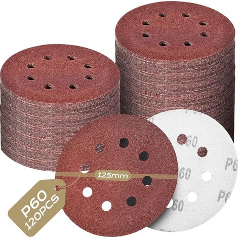 120 Pièces Disque Abrasif 125mm,Convient pour le ponçage papier de verre comporte 8 trous,Utilisation sur une polisseuse traitement des métaux (Granularité:P60 x 120 pièces) (1/5)