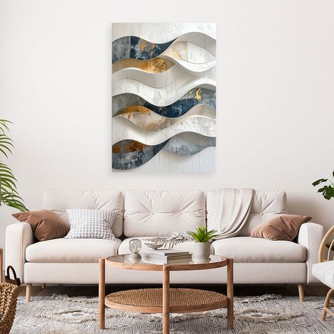 Wandbild Geometrische Abstraktion Wellen in Weiß Beige und Gold 70x100 (1/4)