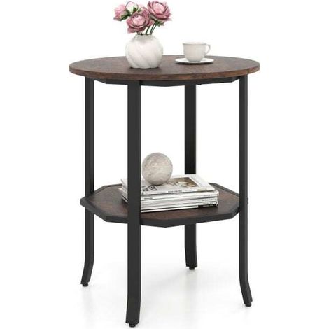 Table d'appoint ronde 2 niveaux avec étagère de rangement - marron rustique (1/5)