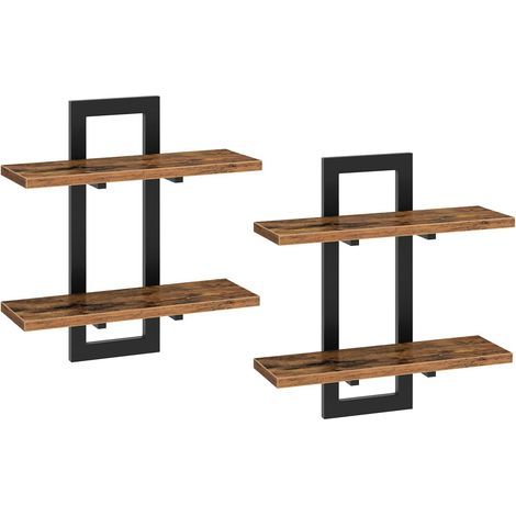 Schweberegale, 38 cm Wandregale, 2er-Set, 2-stöckige Wandregale, Hängeregale für Wohnzimmer, Schlafzimmer, Badezimmer, Küche, Rustikales Braun und Schwarz EBF32BJ01 (1/5)