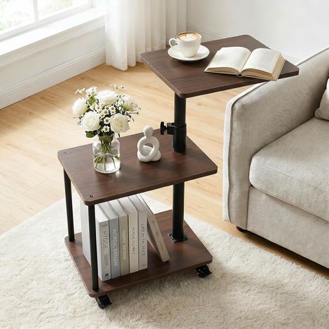 Table d'Appoint avec roulettes Plateau Pivotant à 360° Hauteur Réglable 47-71 cm Table Roulante Noyer Bout de Canapé avec Espace de Rangement Table d’Appoint Mobile pour Salon et Chambre (1/5)