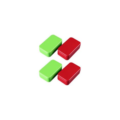 Juego de cuatro tarros metálicos rectangulares con tapa, perfectos para guardar té, dulces, ungüentos y otros objetos pequeños. Colores: verde y rojo. - Crezuo