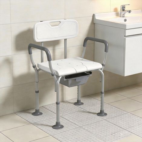 Chaise de douche avec siège de toilette et seau, réglable en hauteur, pieds antidérapants, charge maximale 136 kg, en aluminium HDPE blanc (1/5)