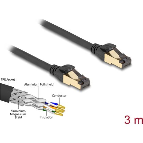 Delock Cable de red RJ45 Cat.6A macho a macho S/FTP negro, 3 m, con cable Cat.7 bruto apto para uso industrial y en exteriores