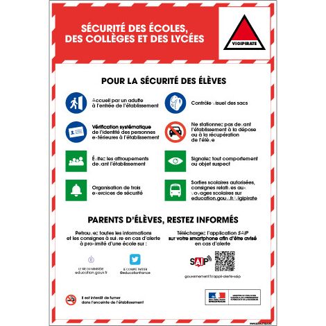 Panneau Sécurité des Ecoles, Collèges et Lycées (VIGIPIRATE9) - Aluminium 2 mm - 150 x 210 mm