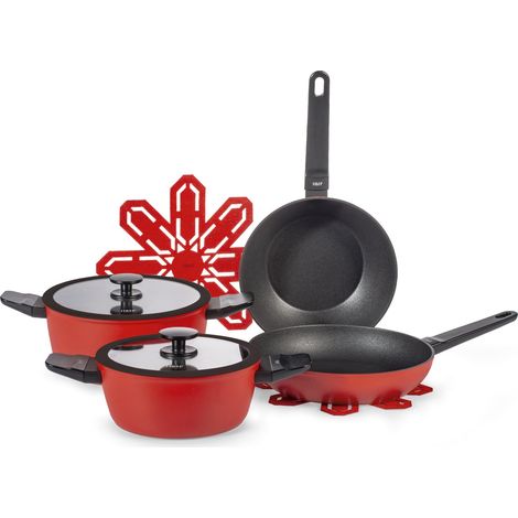 H&H Batteria Pentole 7 Pezzi Accord in Alluminio Coniato con Rivestimento Antiaderente Pfluon Rosso, Casseruole e Padelle con Coperchi in Vetro, Fondo Universale per Tutti i Piani Cottura (1/2)