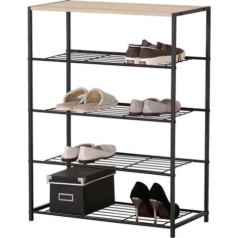 Etagère range chaussures 4 niveaux 1 plateau COLORADO - Noir mat, chêne clair - Bis et métal - 83 x 63 x P 30 cm. - Livraison gratuite (1/5)