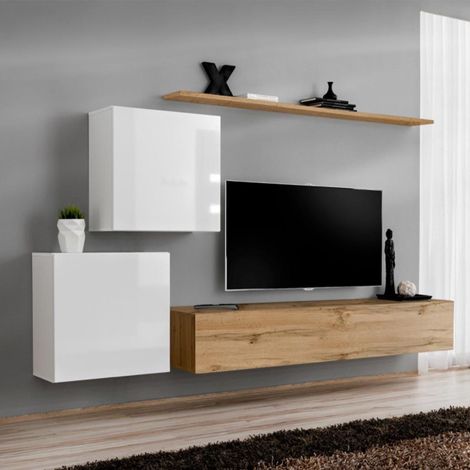 Meuble TV Mural Design "Switch V" 250cm Blanc & Naturel (1/4)