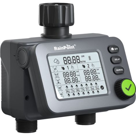 Programmateur d'arrosage numérique 2 sorties Coocheer – Retard pluie, 116 psi, débit 5–35 l/min (1/4)
