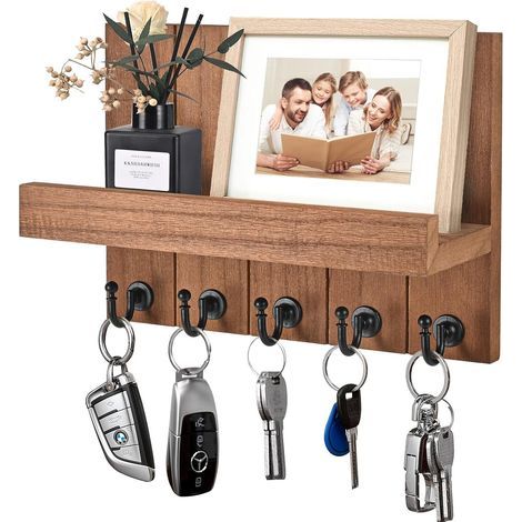 Portachiavi da parete in legno con 5 ganci, ideale per soggiorno, bagno, cucina, corridoi e ingressi (marrone) (1/5)