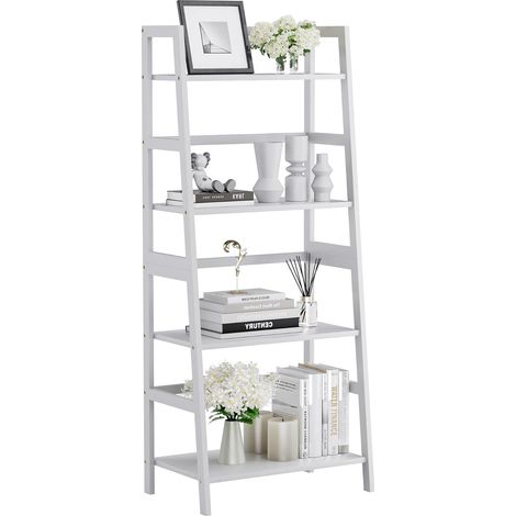 Etagere Echelle 4 Niveaux, Bibliotheque Salle de Bain Rangement Autoportante avec Etageres Ouvertes, Cadre en Bambou, Support de Plantes Gain de Place, pour Salon, Balcon, Cuisine, Blanc (1/5)