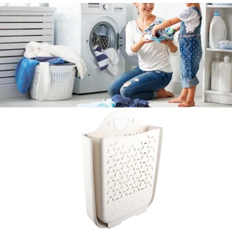 Panier à linge pliable, panier de rangement pour vêtements sales, support mural, rangement pour salle de bain, grand format blanc. (1/5)