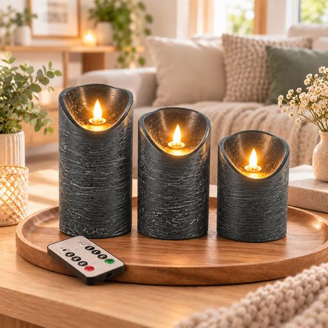 Relaxdays LED Kerzen, 3er Set, Fernbedienung, flackernde Flamme, Timer, marmoriert, Echtwachs, Stumpenkerzen, dunkelgrau (1/5)