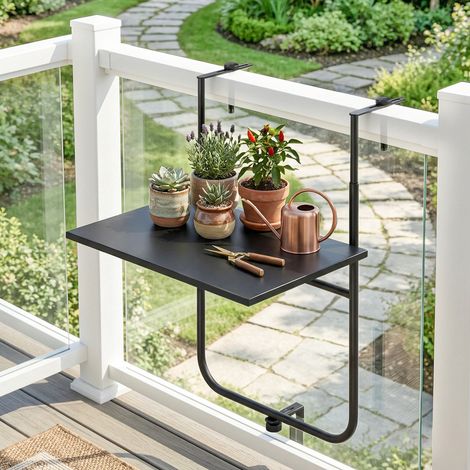 Table de balcon réglable en métal antirouille, pour rambardes de 6 à 15 cm d'épaisseur, 62 x 60 x 85,5 cm, noire. (1/5)