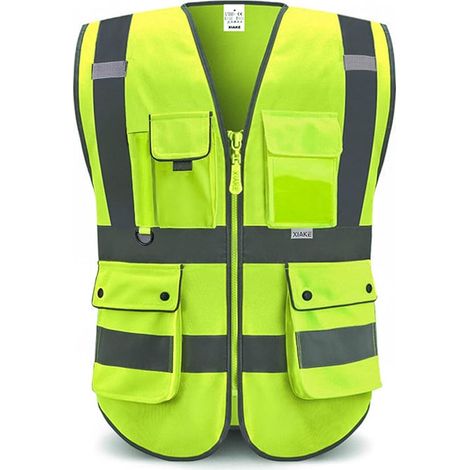 Gilet de sécurité haute visibilité classe 2 réfléchissant multi-poches homme femme chantier travail, conforme normes ANSI, gilet jaune fluo avec bandes rétroréfléchissantes, taille adulte, équipement  (1/4)