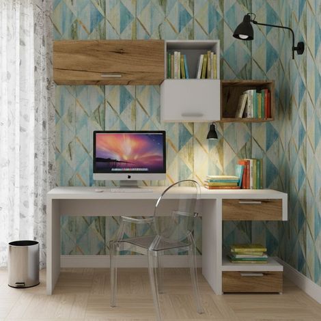 Angolo studio moderno con cassettiera sfalsata per cameretta - Bianco e Quercia